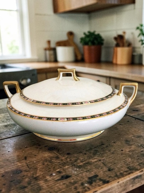 Homer Laughlin Other - Antique 1920s HOMER LAUGHLIN Covered Serving Dish – Gold Trim Crackled Glaze EUC